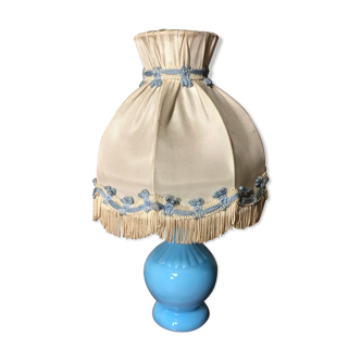 Ancienne lampe chevet corps opaline bleu + abat-jour crème vintage