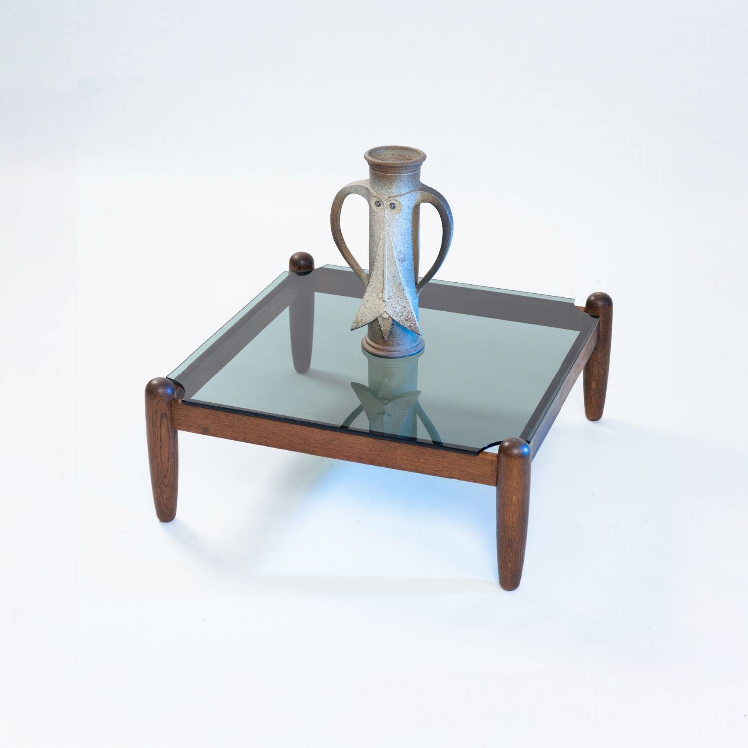 Square japandi style glass oak coffeetable, 1970s