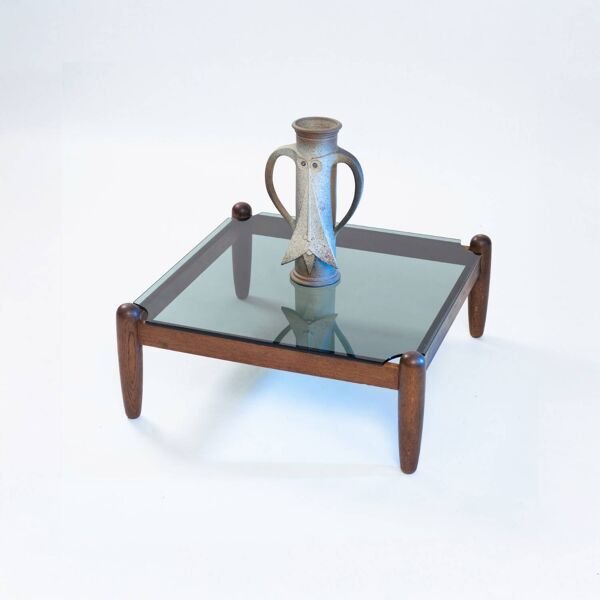Table basse carrée en chêne et verre de style Japandi, années 1970