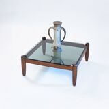 Square japandi style glass oak coffeetable, 1970s