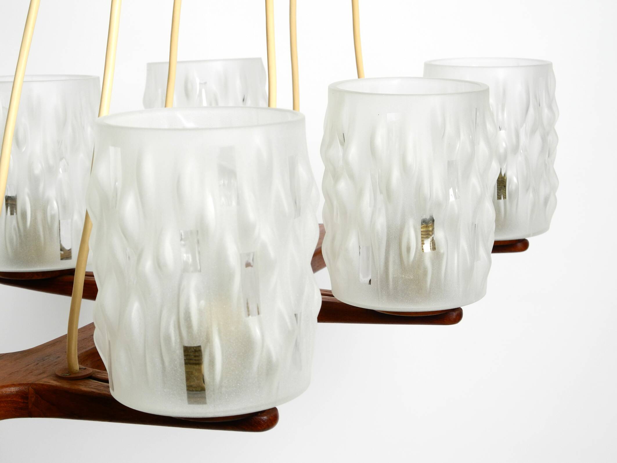 Beautiful 6-armed Scandinavian 1960s ceiling lamp made of teak and with gla