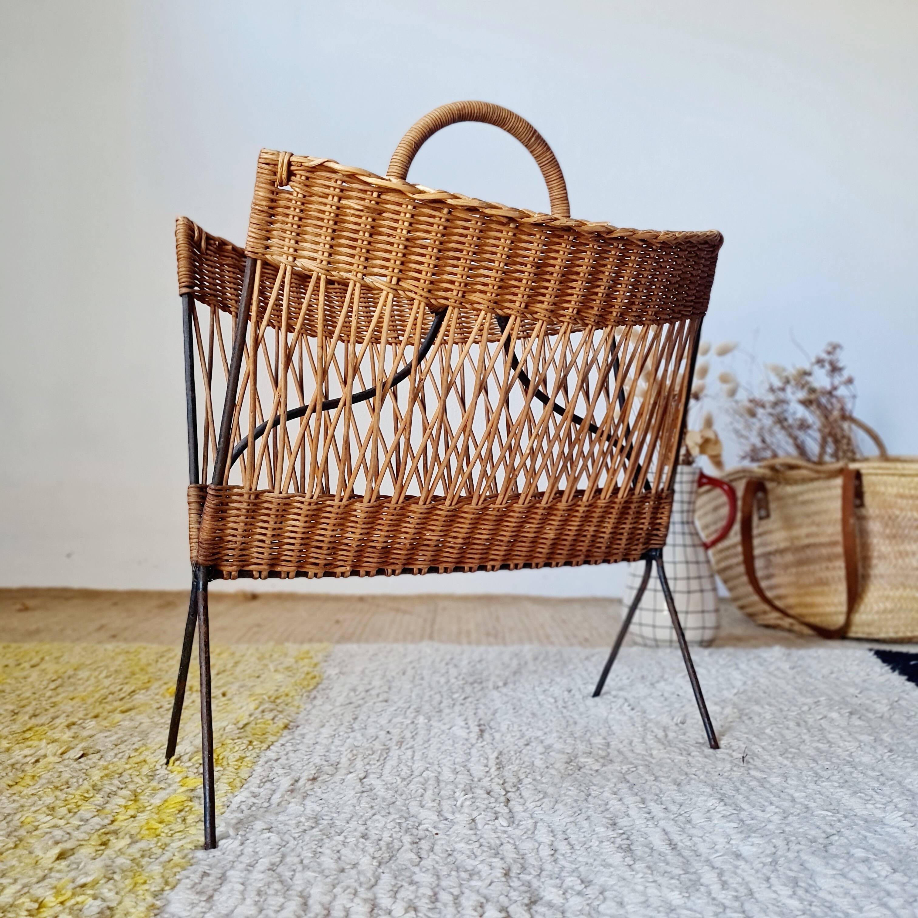 Vintage wicker and metal magazine rack
