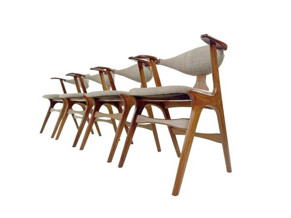 Suite de 4 chaises vintage en corne de vache - Louis van Teeffelen, tissu De Ploeg