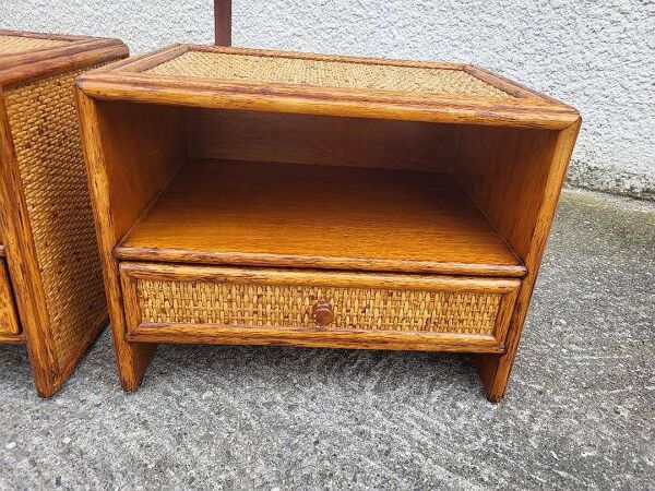 Paire de tables de nuit chevets a tiroirs rotin de maugrion vintage