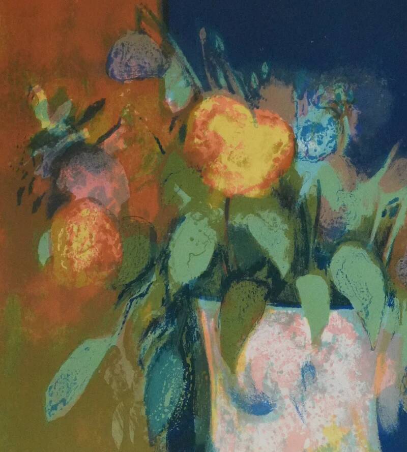 Paul Collomb: Bouquet on a blue background, signed original lithograph.