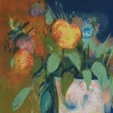 Paul Collomb: Bouquet on a blue background, signed original lithograph.