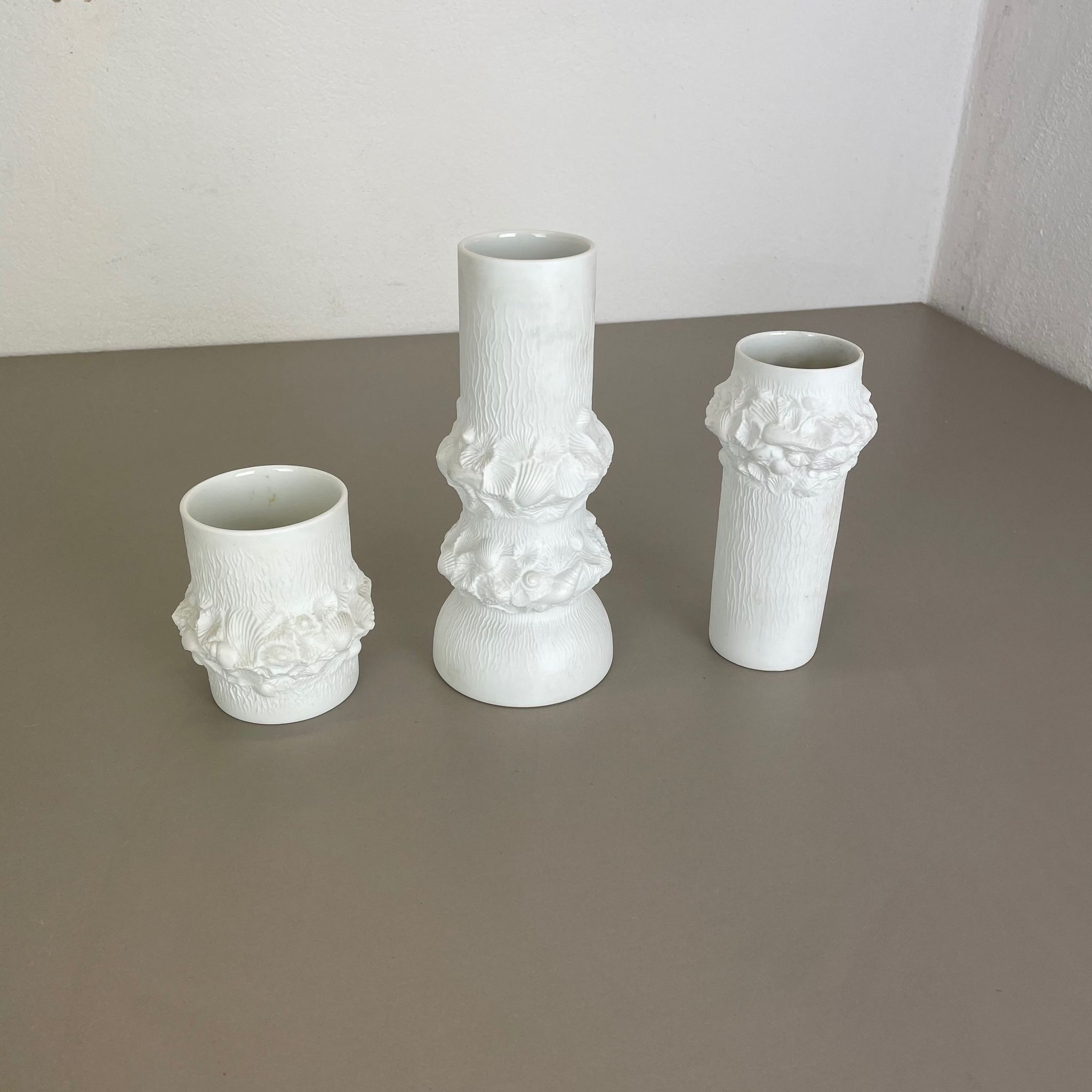 Set of 3 Original OP Art Biscuit Porcelain Vases by AK Kaiser, Germany, 1970s