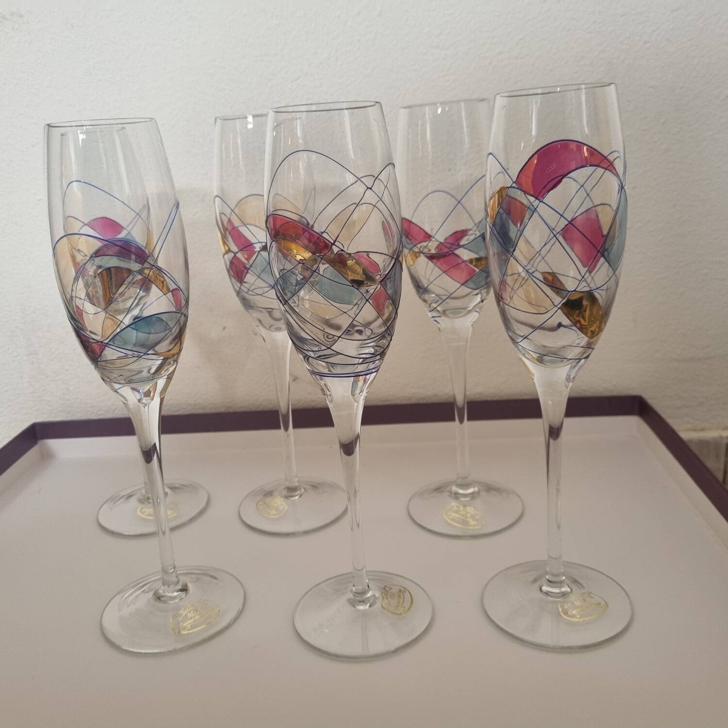 6 colored Paris crystal champagne flutes