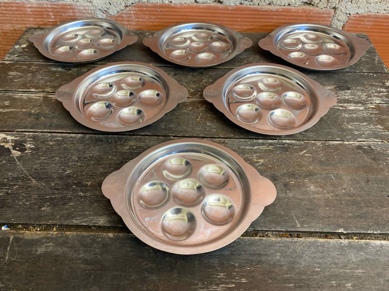 Set of 6 Stainless Steel Escargot Plates with 6 Compartments Made in Japan Used