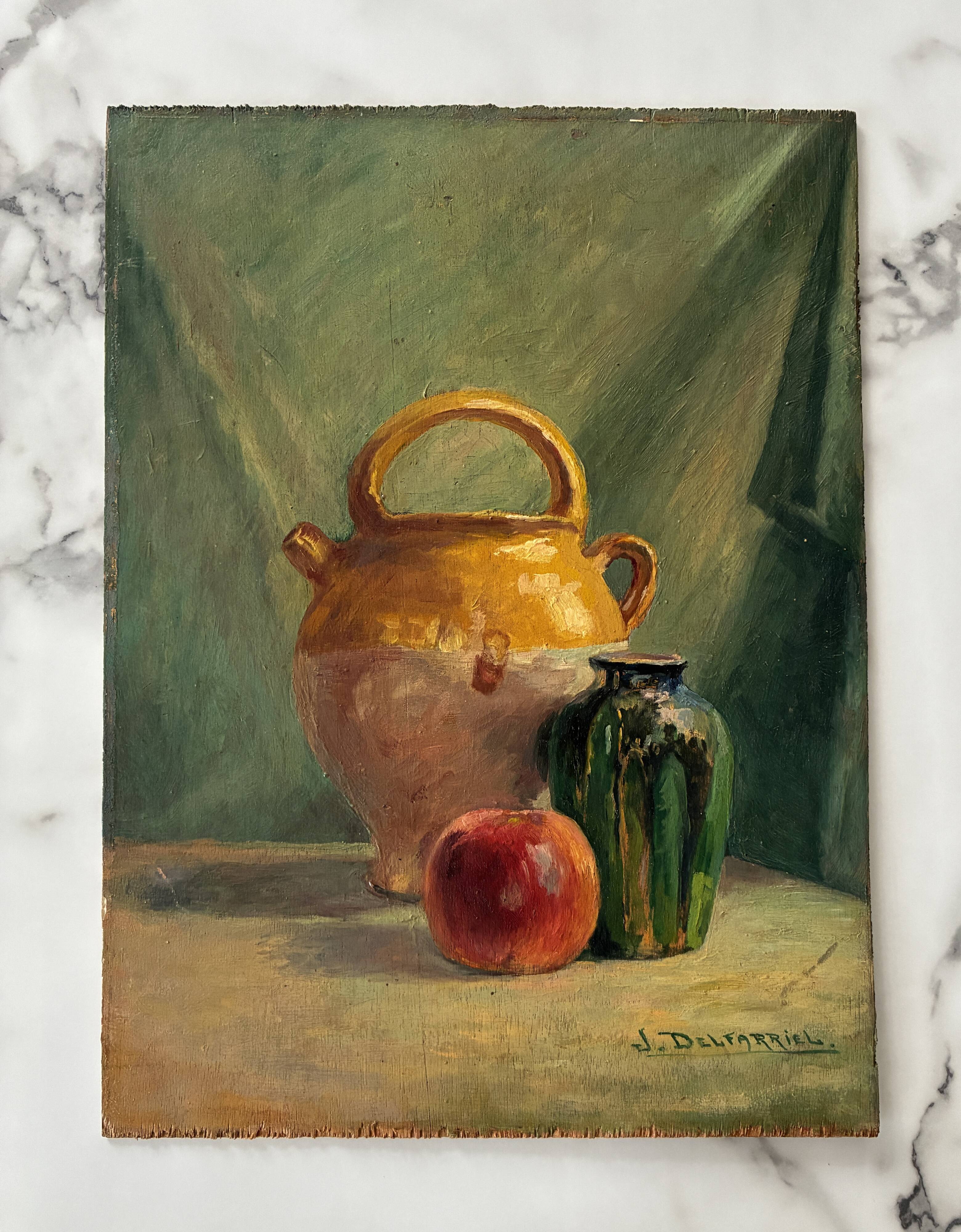 Old painting oil still life on plywood