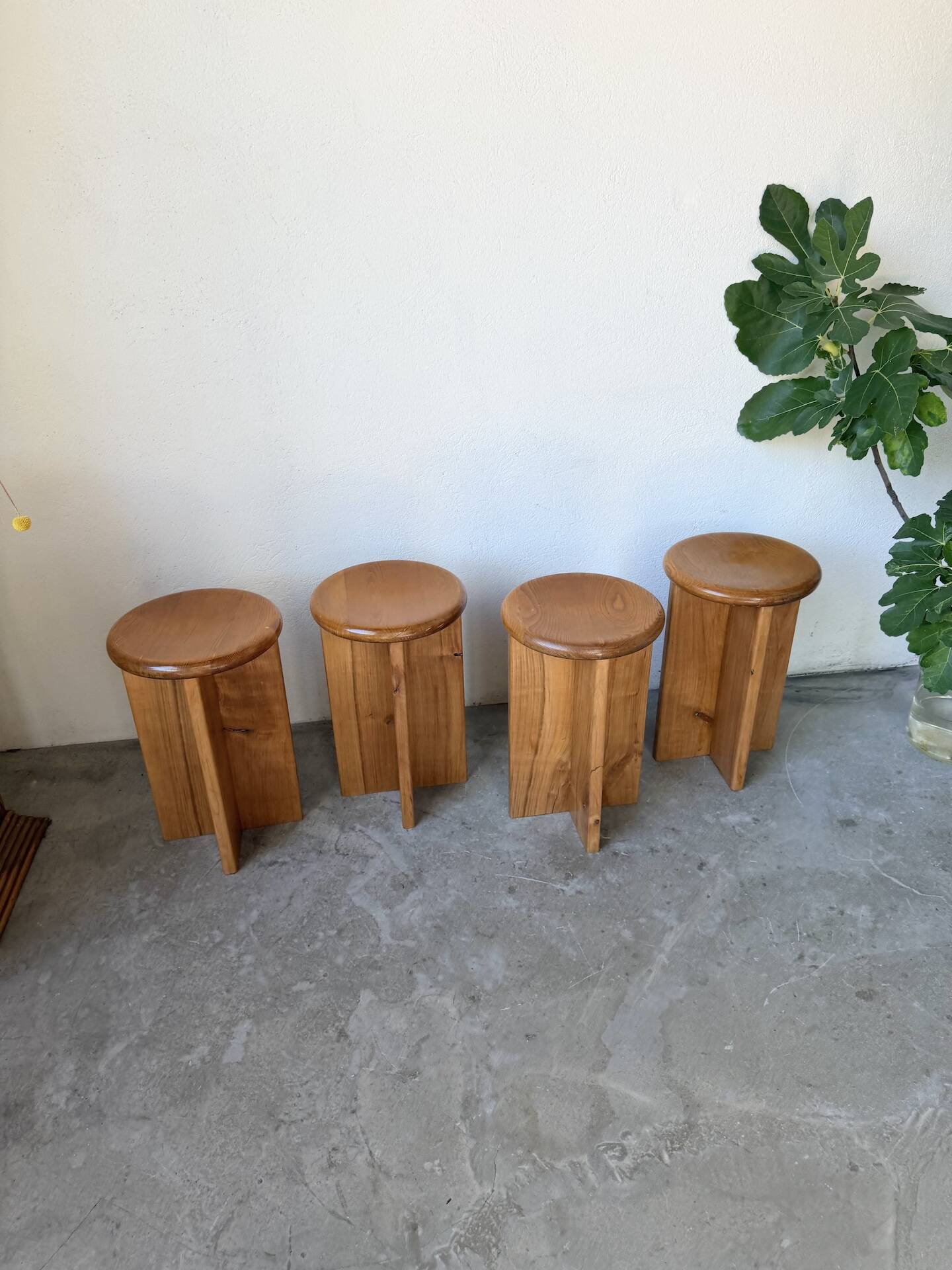 Set of 4 oak stools from the 1950s, constructivist style.