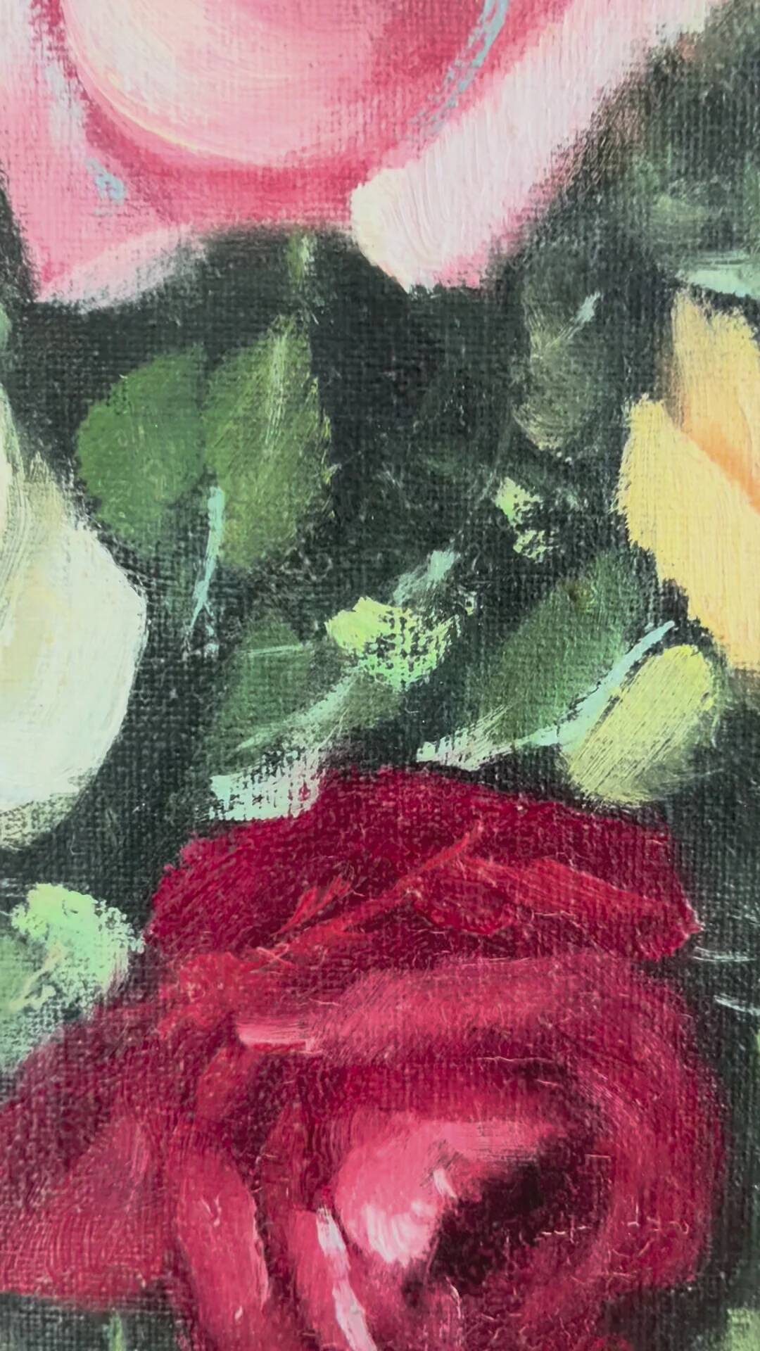 Vintage original floral rose oil painting, signed flower art