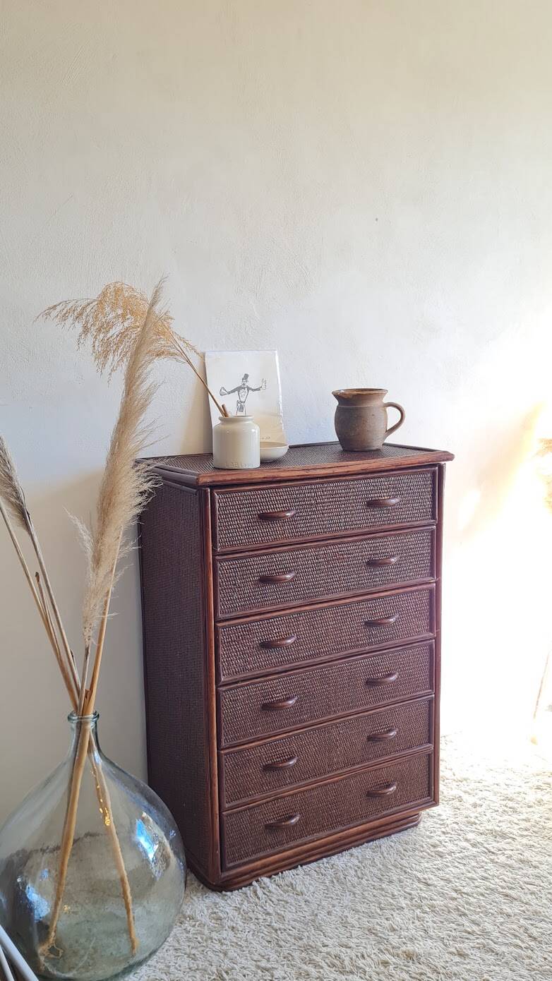 Commode en rotin vintage circa années 70