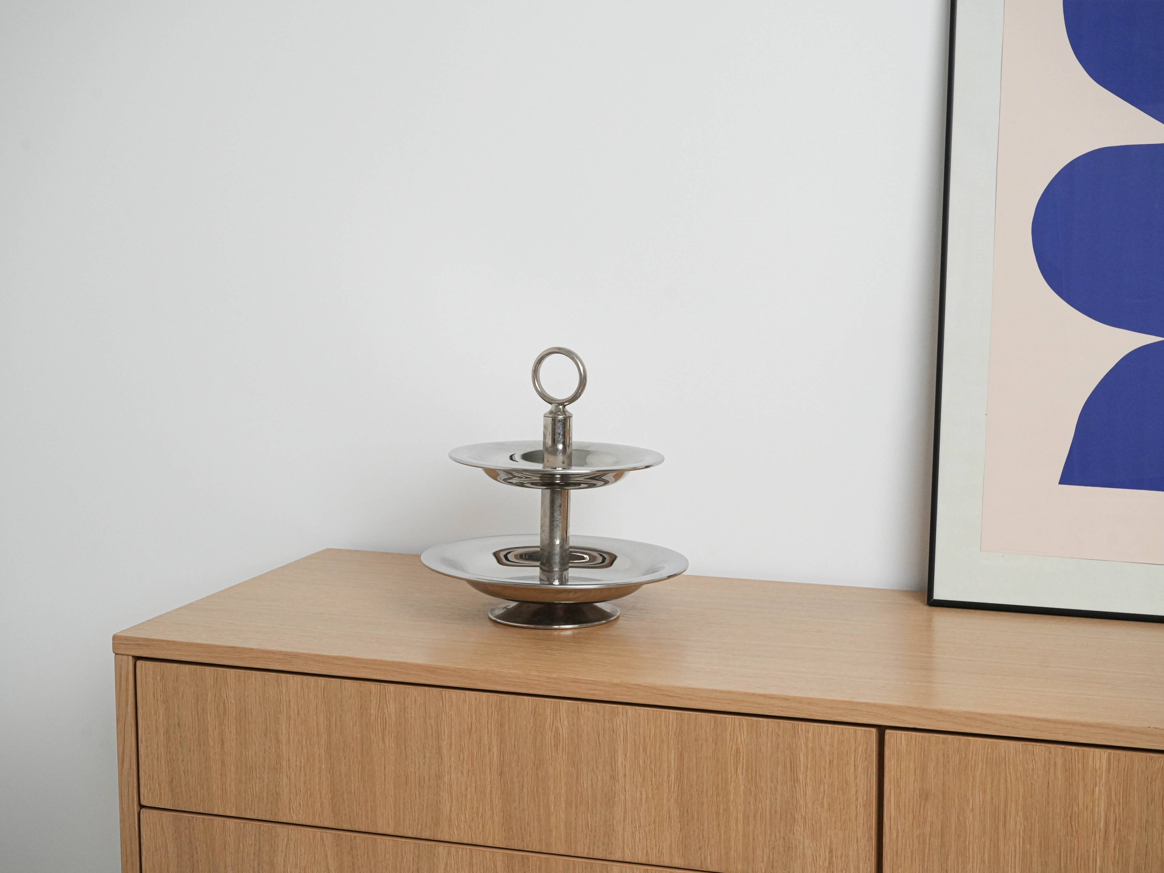 Two-tier steel cake stand, Italian design, 1980s, made in Italy