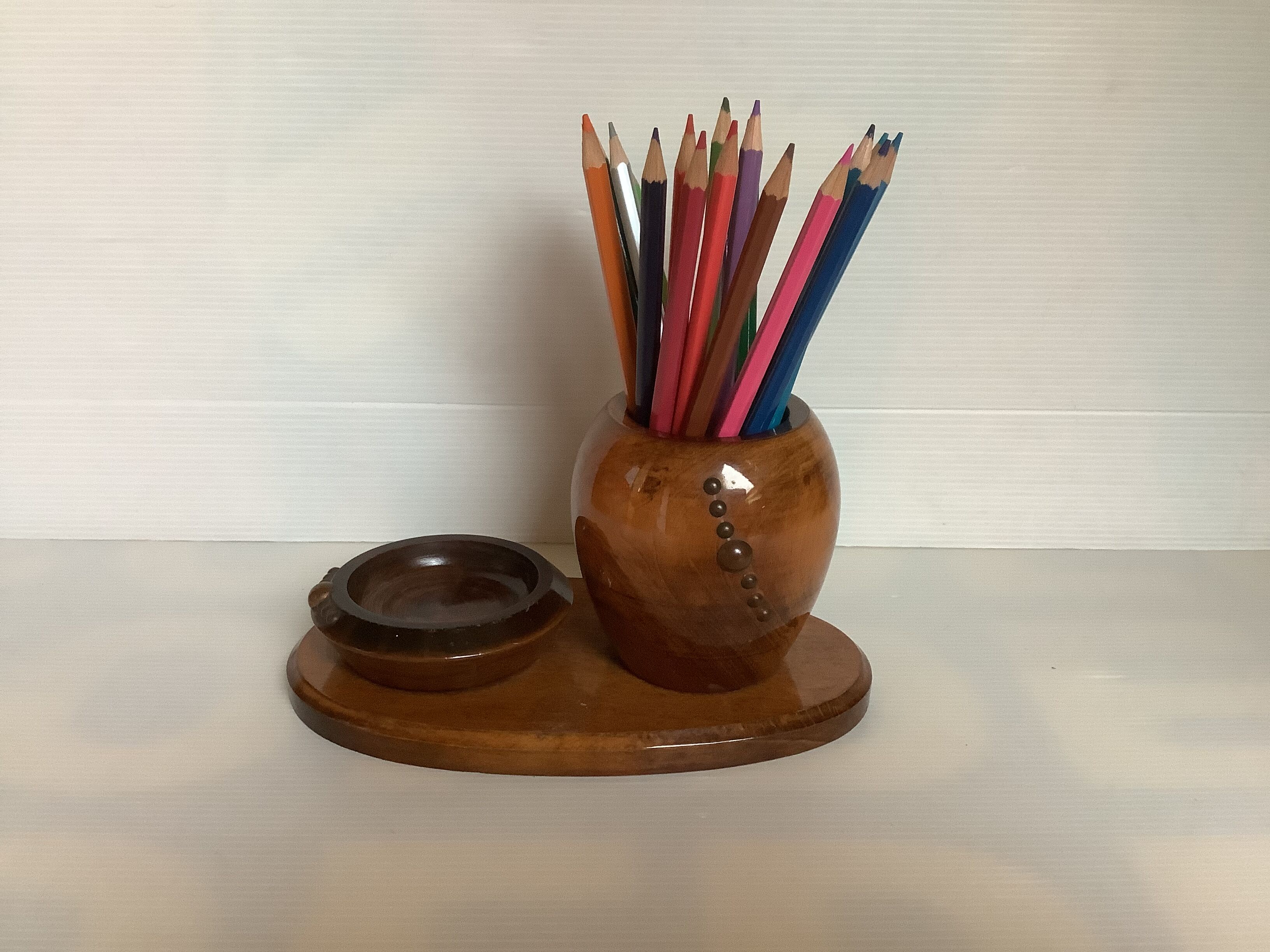 Old brutalist varnished wooden pencil pot