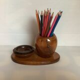 Old brutalist varnished wooden pencil pot