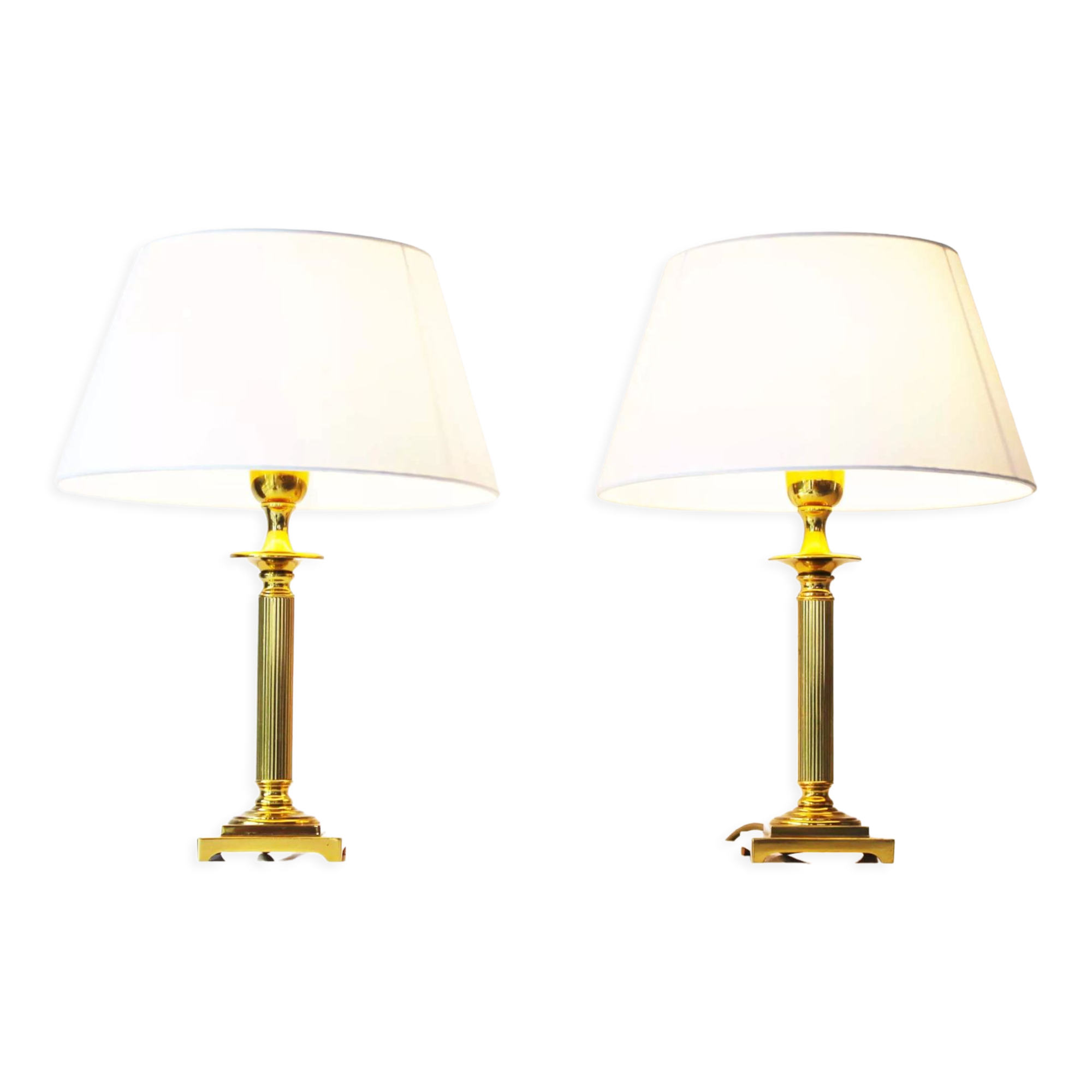 Vintage pair of Brass Column Table Lamps - 1970's Hollywood Regency Lamps