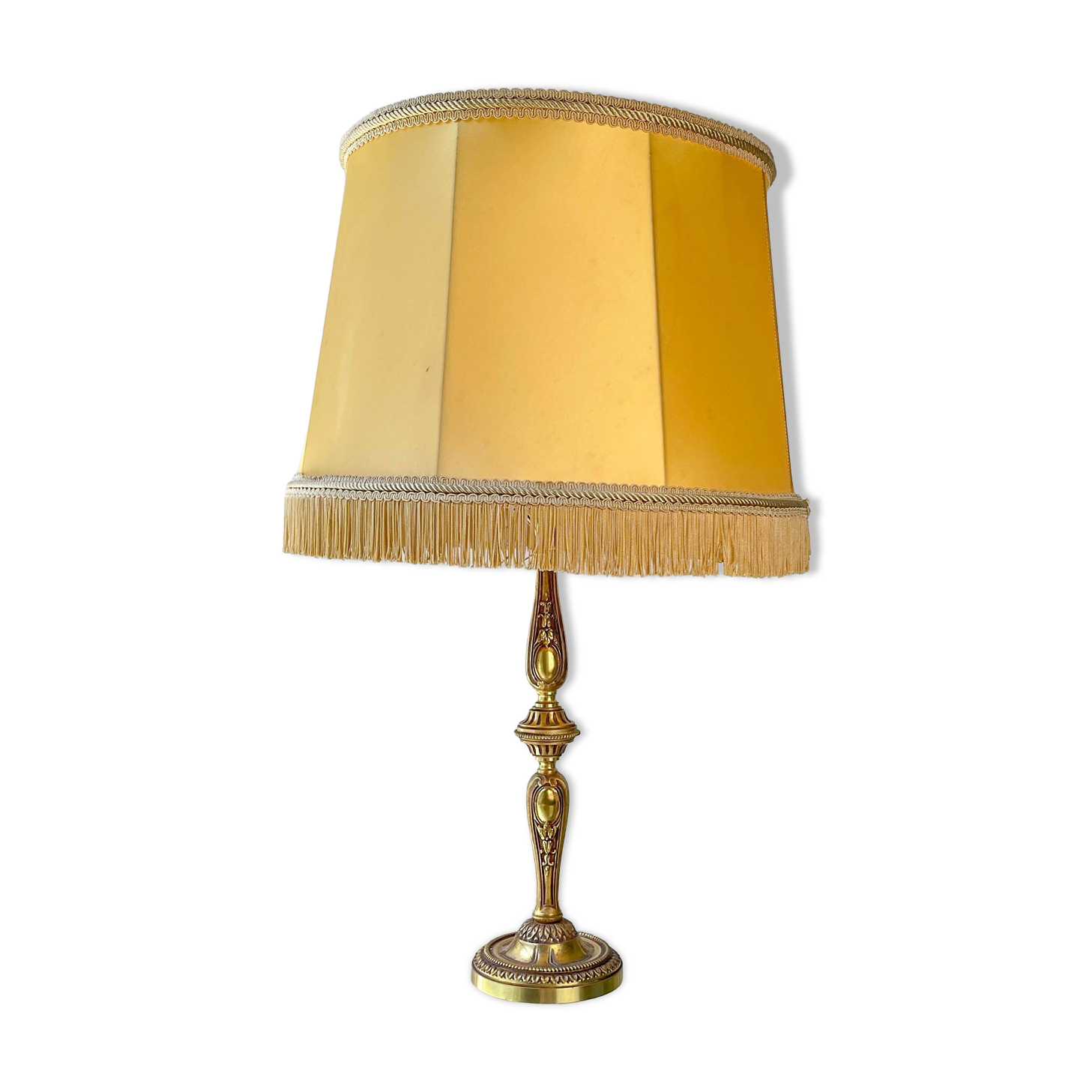 Louis XVI style gilt bronze lamp with yellow fringed shade - elegant vintage antique lamp