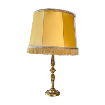 Louis XVI style gilt bronze lamp with yellow fringed shade - elegant vintage antique lamp
