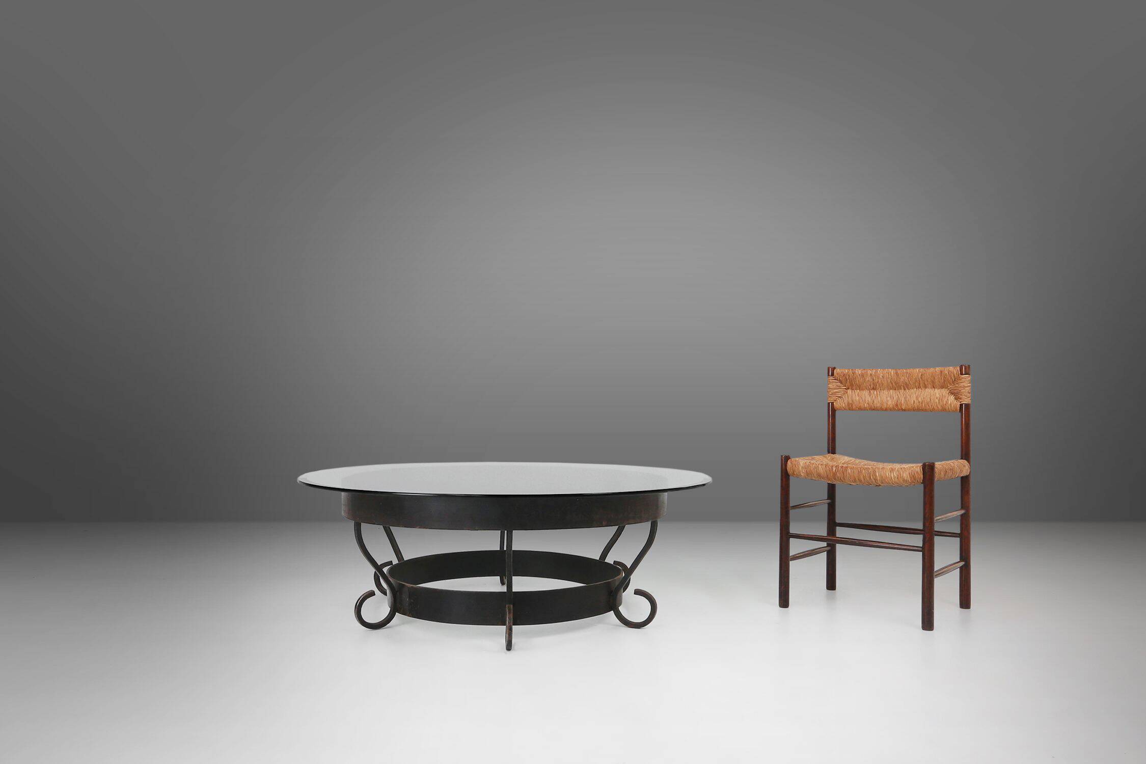 Round Coffee Table with Wrought Iron Base and Glass Top, France, 1930s