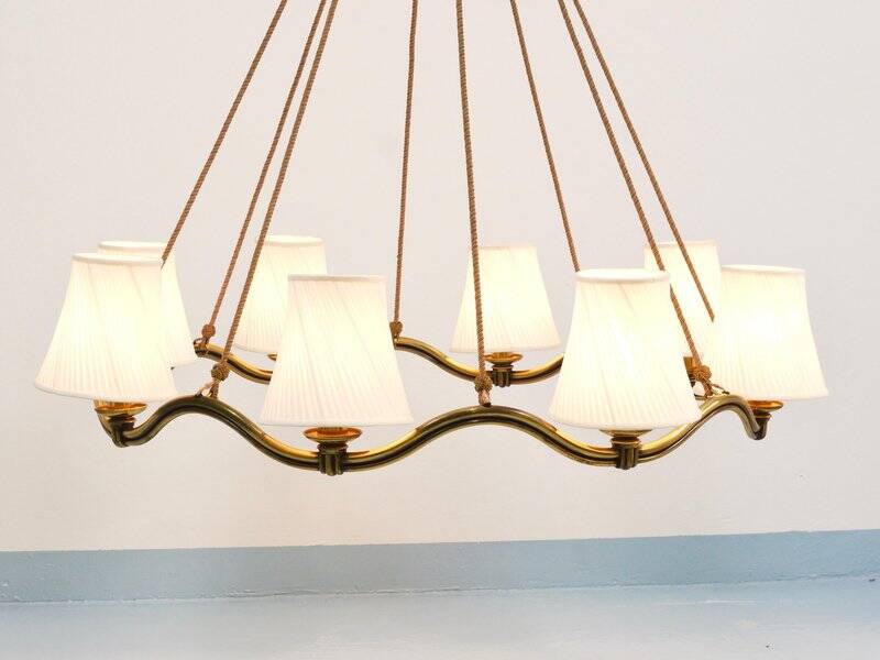 Large Viennese Modernism curved brass wave chandelier by Hugo Gorge, 1940s