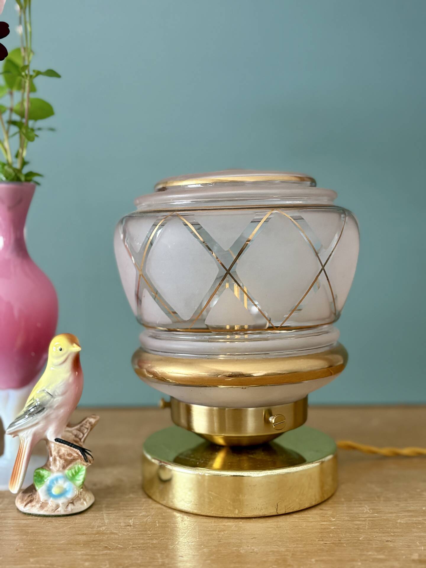 Vintage Art Deco pink and gold glass globe table lamp