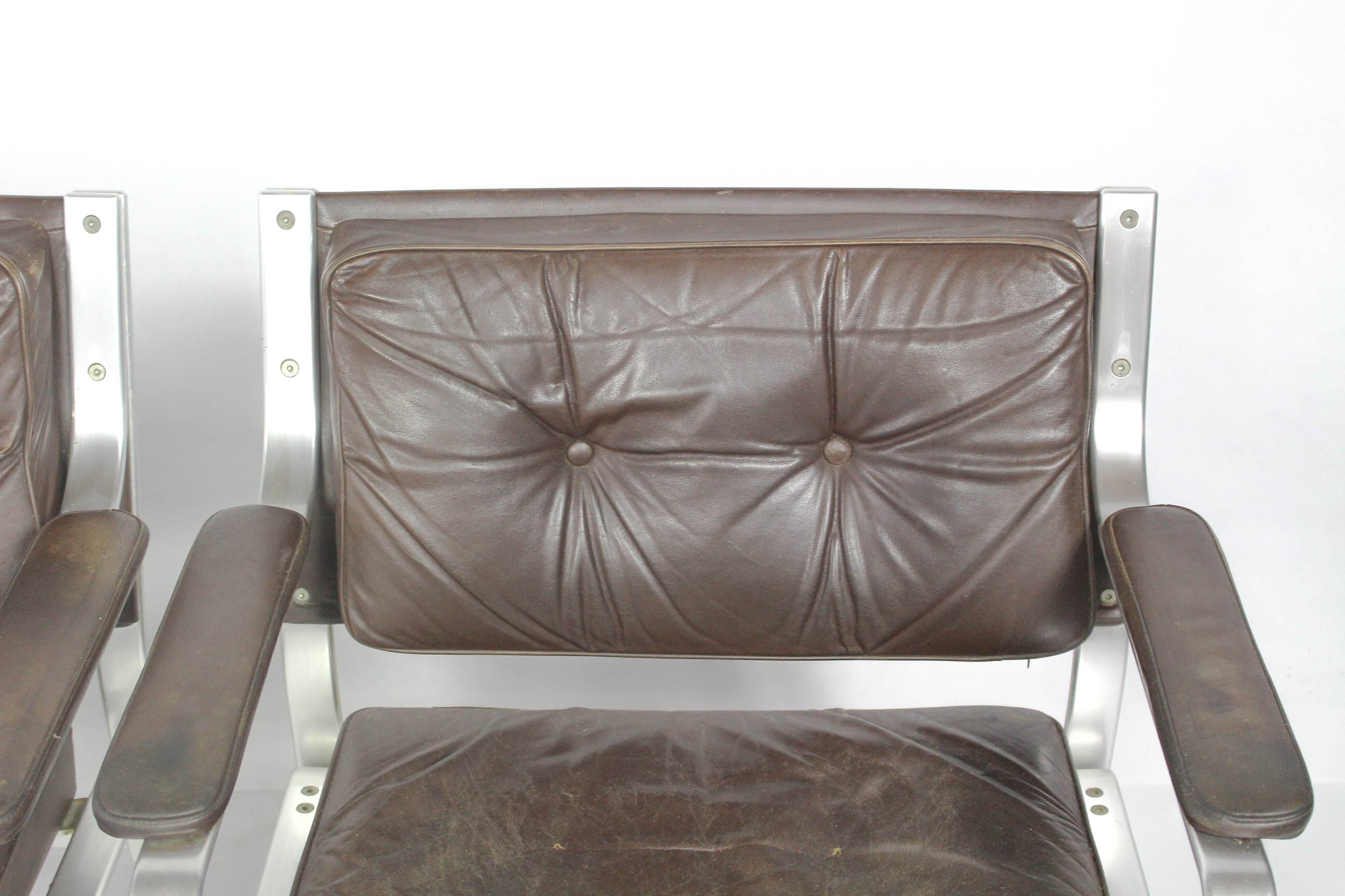 Swedish Mid Century Leather And Aluminum Armchairs By Karl Erik Ekselius For Joc Vetlanda, Set Of 4