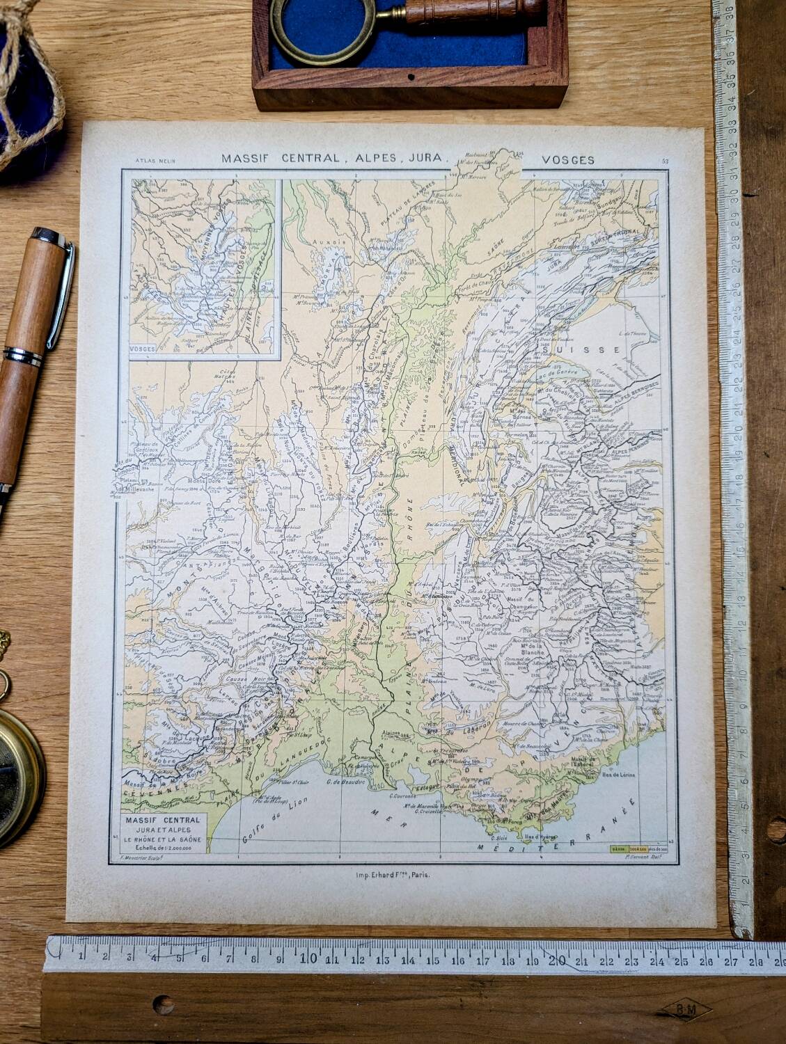 Map of the mountain ranges of France, original printed in 1896
