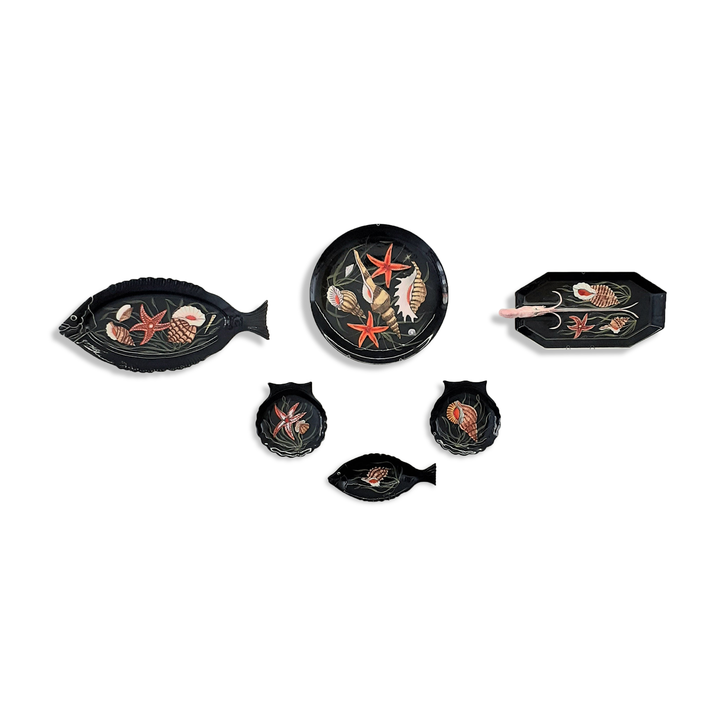 Service 7 pieces pattern fish and shells by Guy Trévoux for Henriot, Quimper