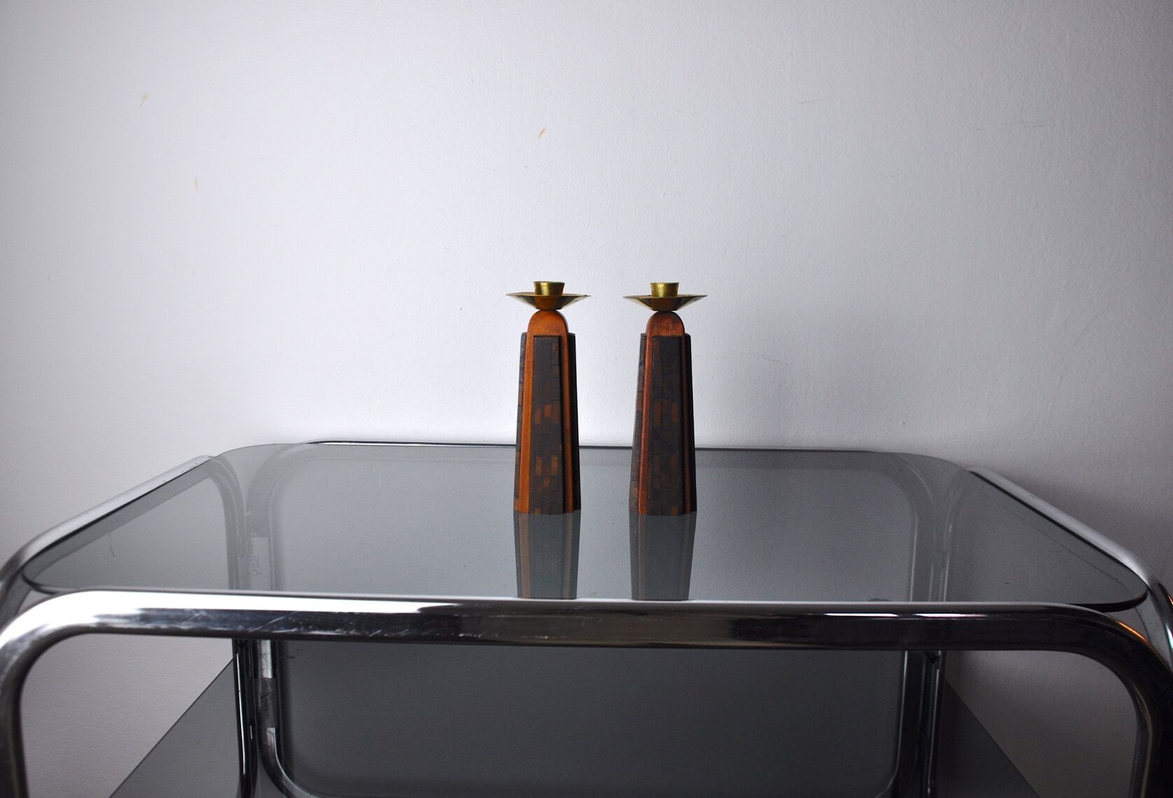 Pair of "David" candlesticks in olive wood, Handcrafted in Israel, 1960