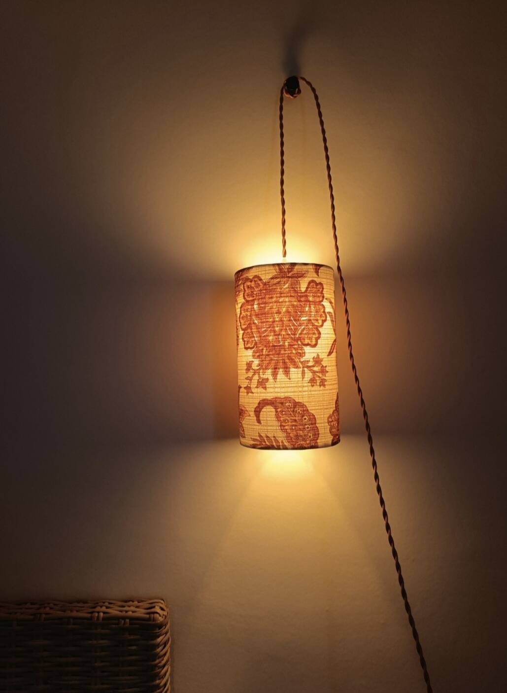 Suspension, nomadic fabric lampshade in vintage yellow floral.