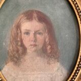 19th century portrait of a young girl, oil painting framed in oval gilded wood