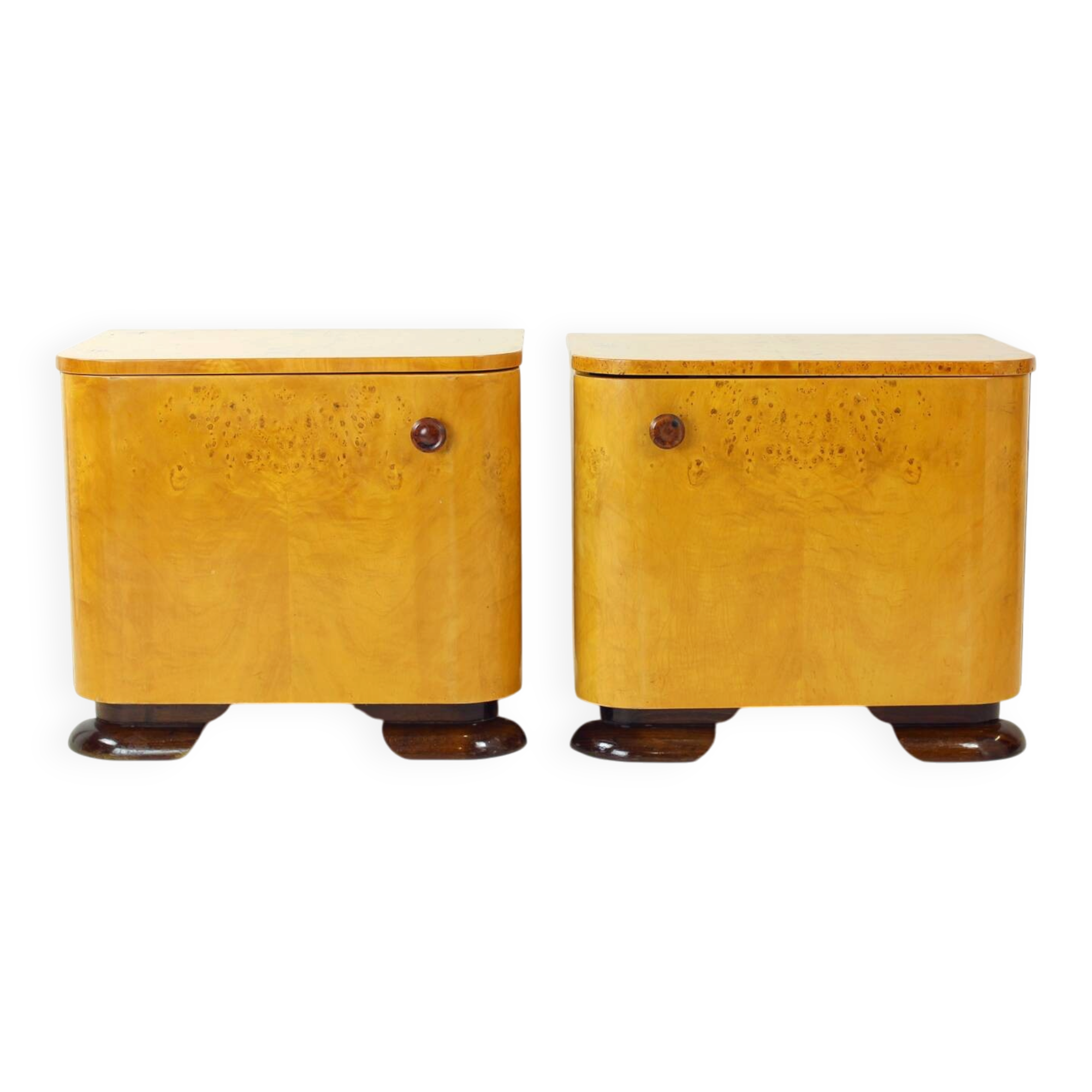 Art Deco Bedside Tables In Root Veneer, Czechoslovakia 1940s