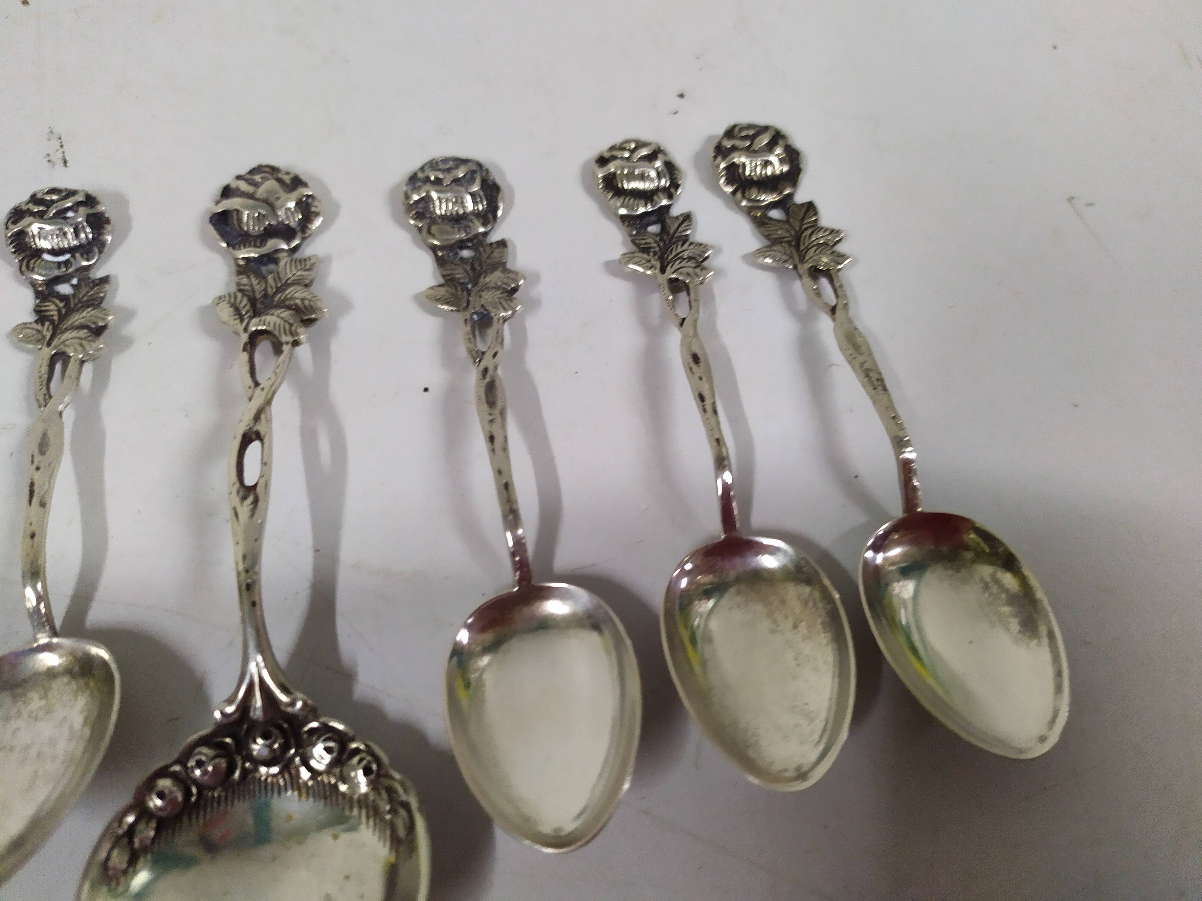 Lot de 6 cuilleres a moka cafe et 1 cuillère à sucre argent massif 800 - art déco rose