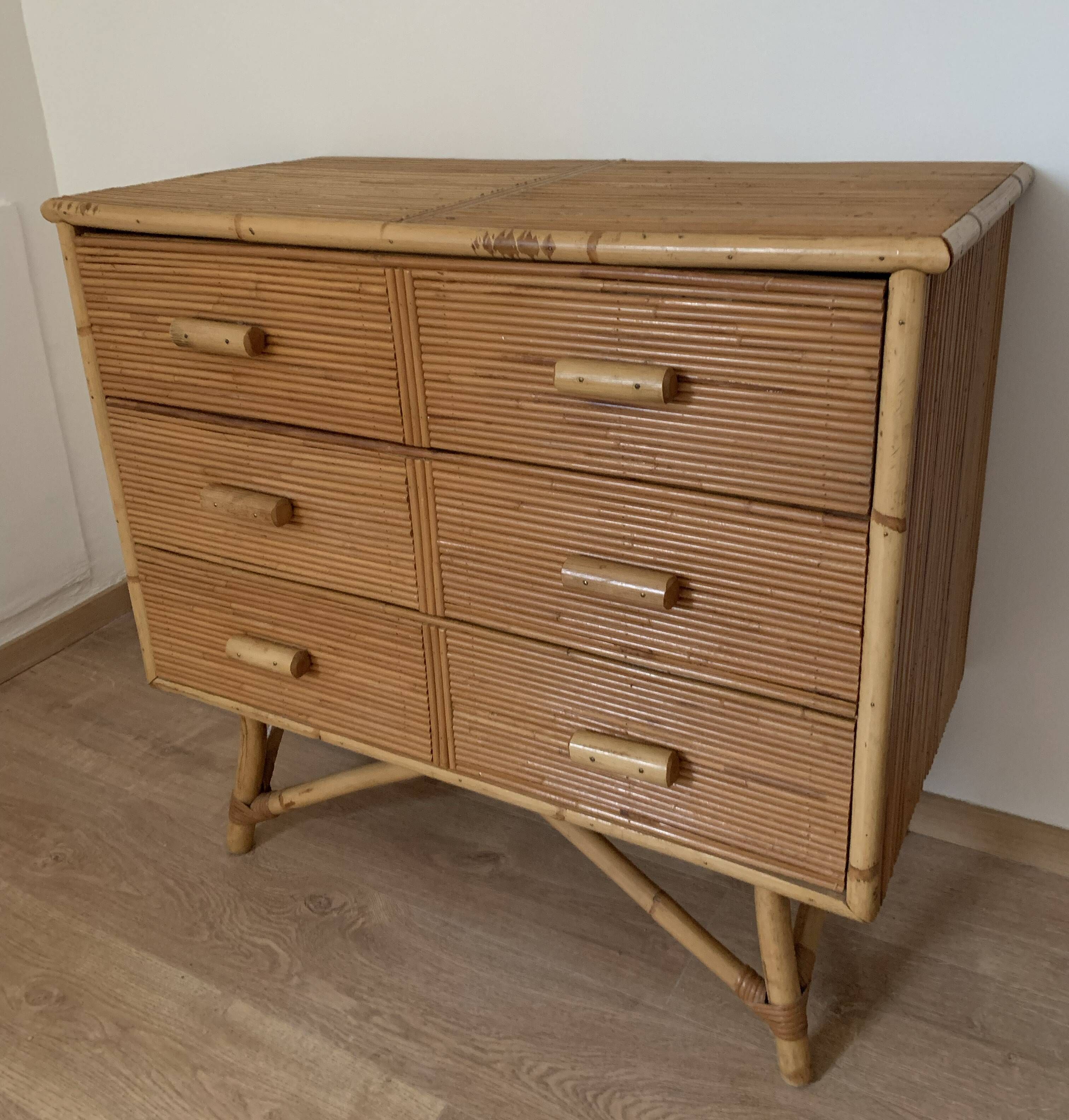 3-drawer rattan/bamboo chest of drawers attributed to Adrien Audoux and Frida Minnet. Circa 1950