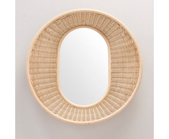 Round mirror in braided rattan diameter 90cm
