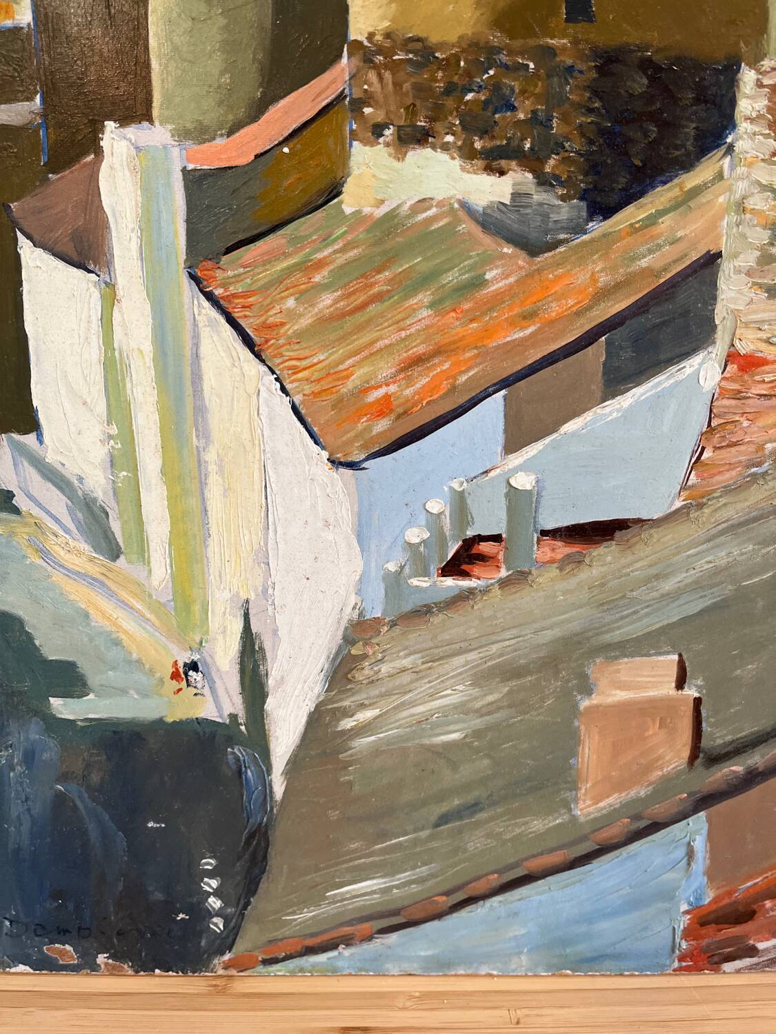Castle in the rooftops, oil on wood panel, signed JA Dompierre.