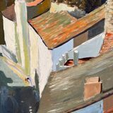 Castle in the rooftops, oil on wood panel, signed JA Dompierre.