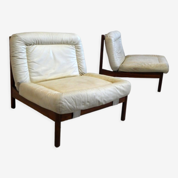 Paire de fauteuils cuir et palissandre 1960