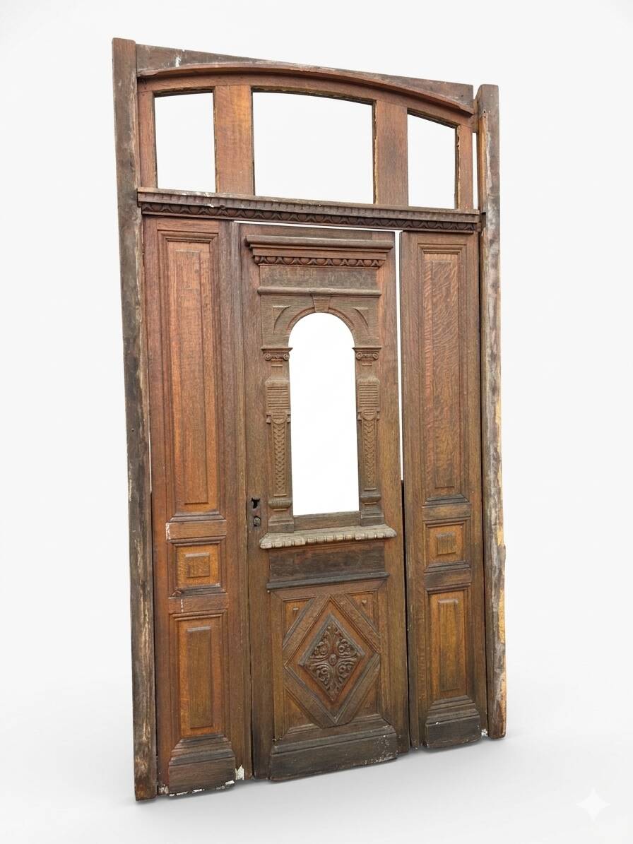 19th-century solid oak entrance door with three openings, including frame.
