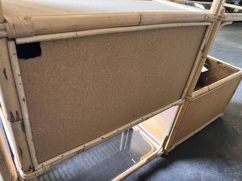 Bookcase, cannage in 3 modules and smoked glass trays - 70s