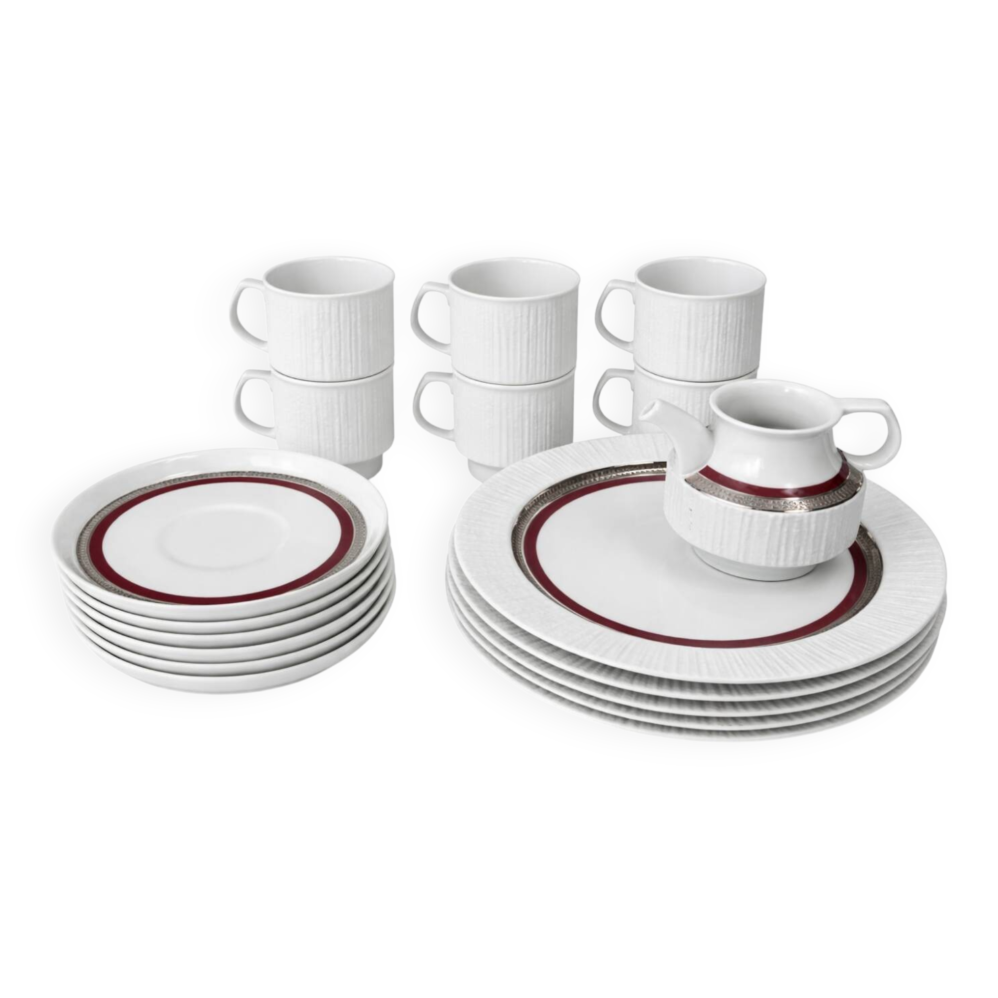 Ensemble de café vintage allemand pour 6 personnes par Thomas Arcta, bourgogne et platine.