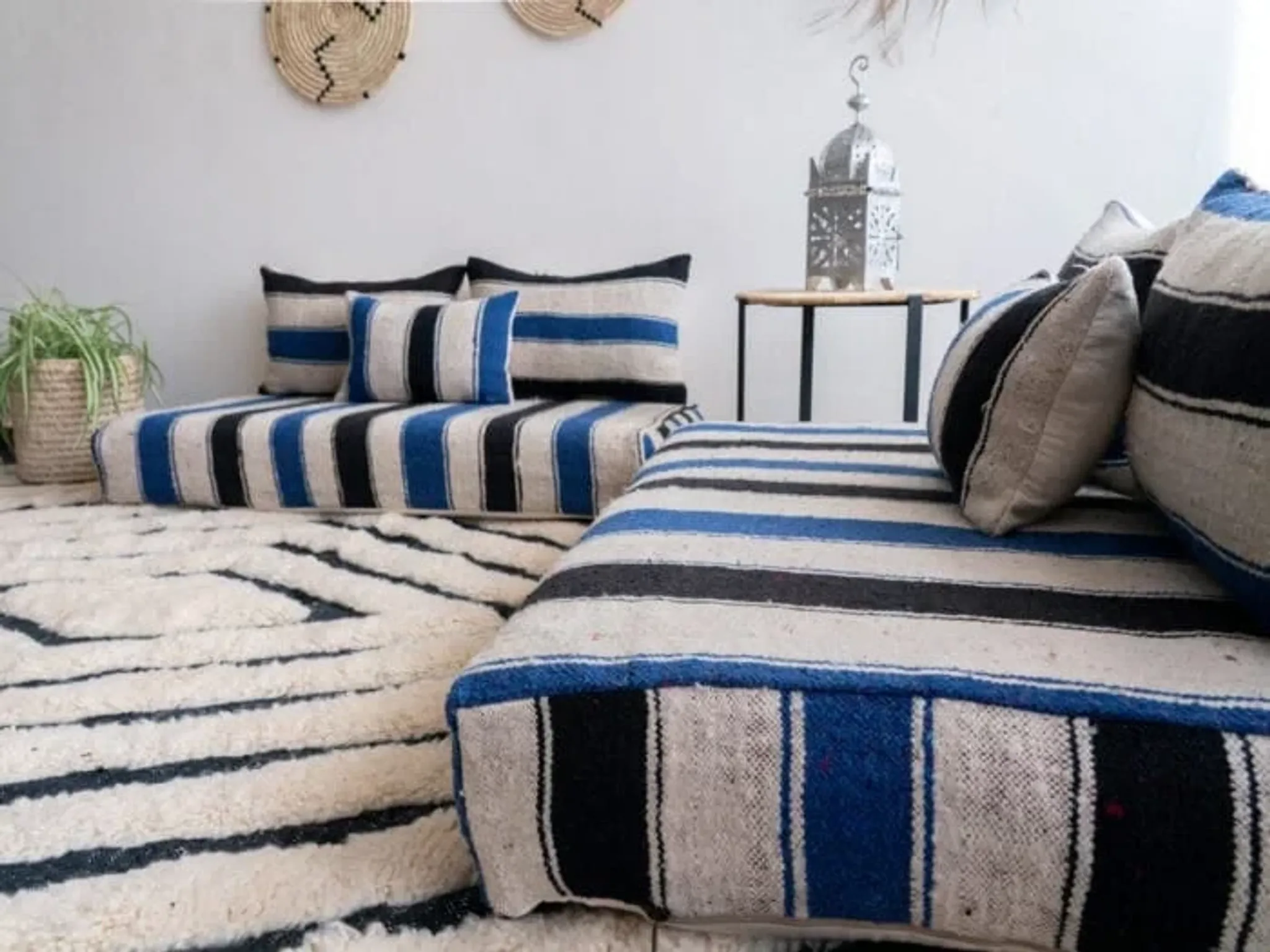 Handmade Moroccan blue and black floor cushion 120x70cm