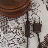 French Mid Century Round Turned Wood Lamp Base With Gold 1852 Tag & Handles
