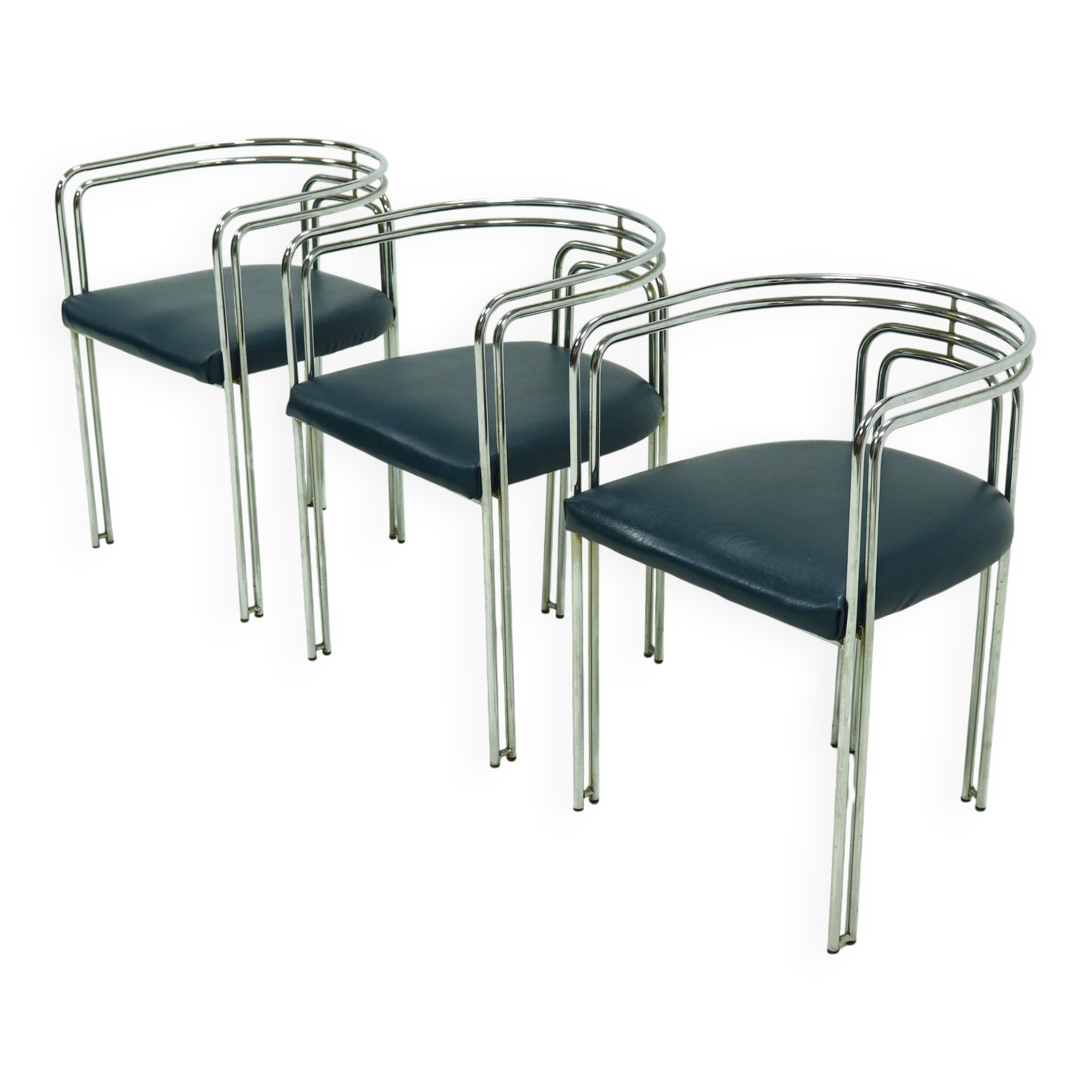 Set of 3 Chromed Steel Dining Chairs, France 1970s