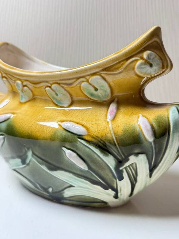 Antique Art Nouveau Barbotine Planter – Signed Orchies (c. 1900)