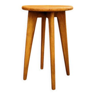 Scandinavian style stool in solid wood, splayed legs, 1960s.