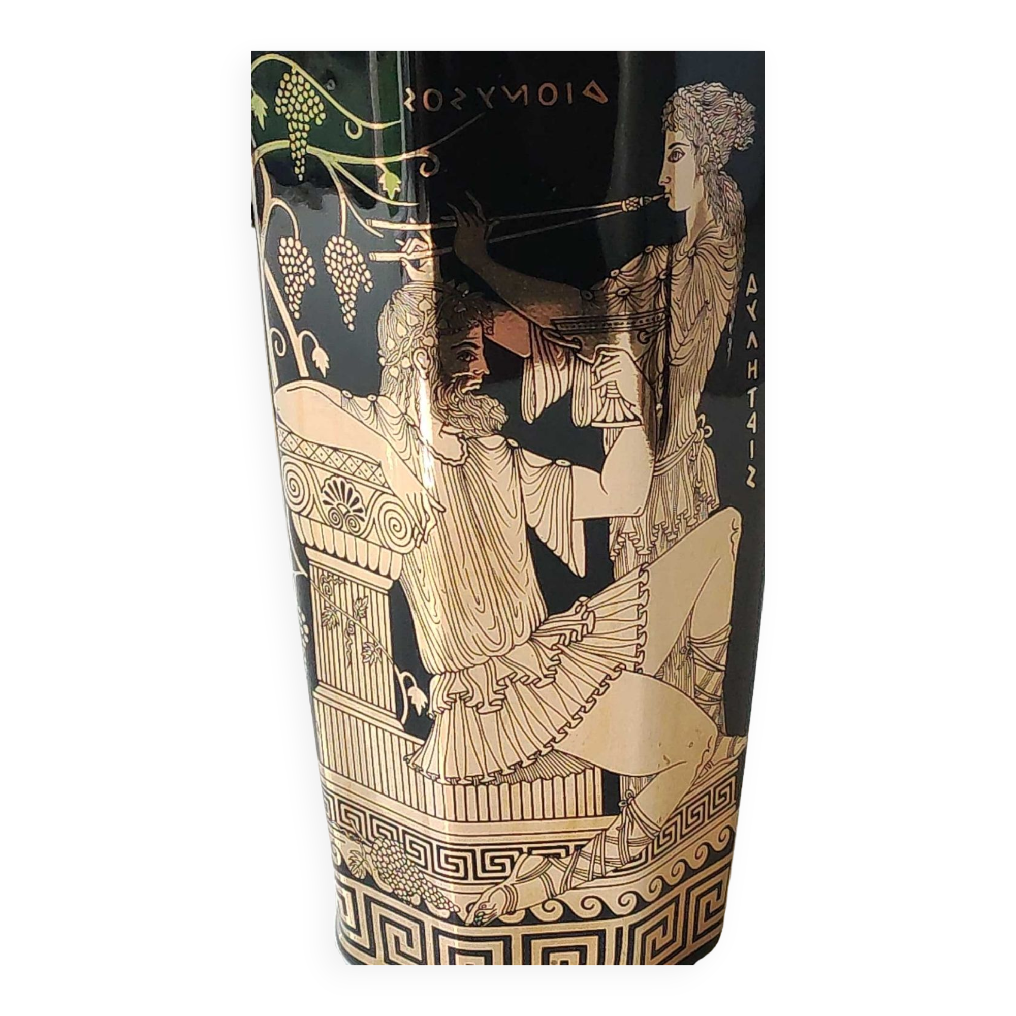 Ancient Greek octagonal vase, tubular porcelain shape. Decoration scenes of life / Gods mythology Greek. Signed ST Handmade in Greece. High 26 cm
