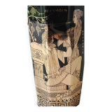 Ancient Greek octagonal vase, tubular porcelain shape. Decoration scenes of life / Gods mythology Greek. Signed ST Handmade in Greece. High 26 cm
