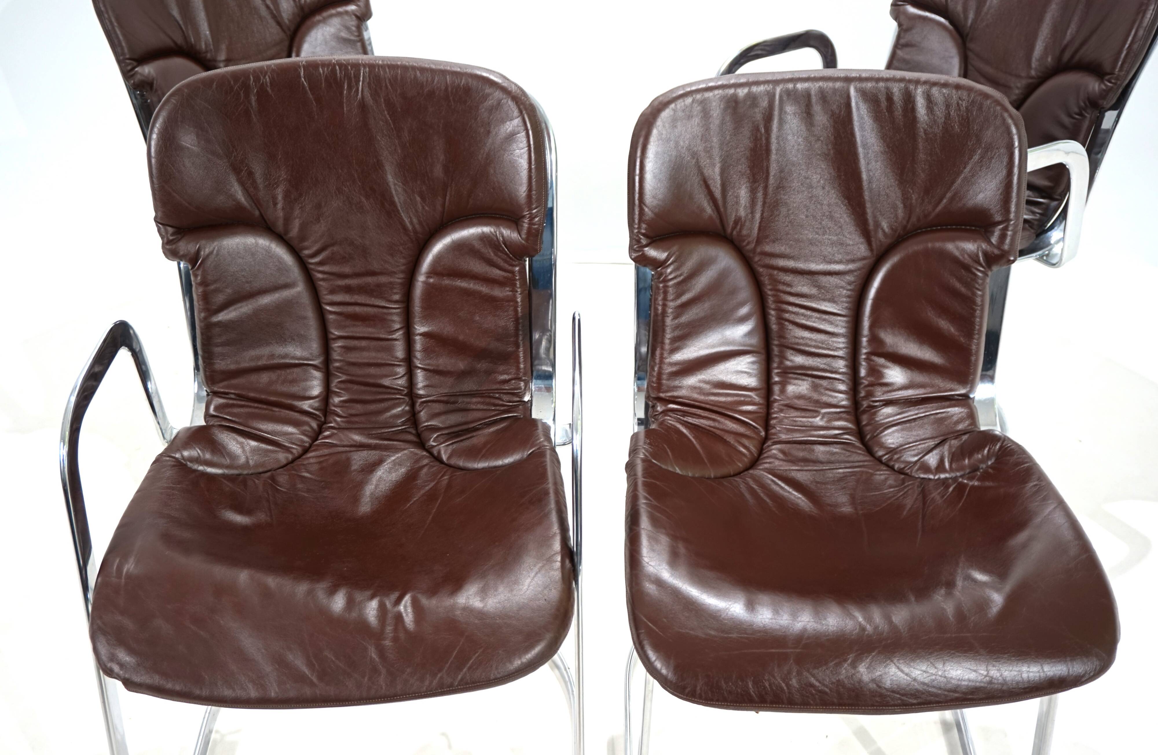 Set of four Cidue leather chrome cantilever chairs by Willy Rizzo, 1970